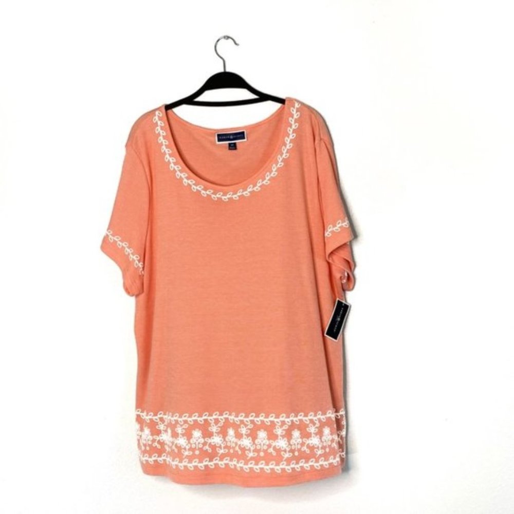 NWT Karen Scott Plus Embroidered Striped Blouse